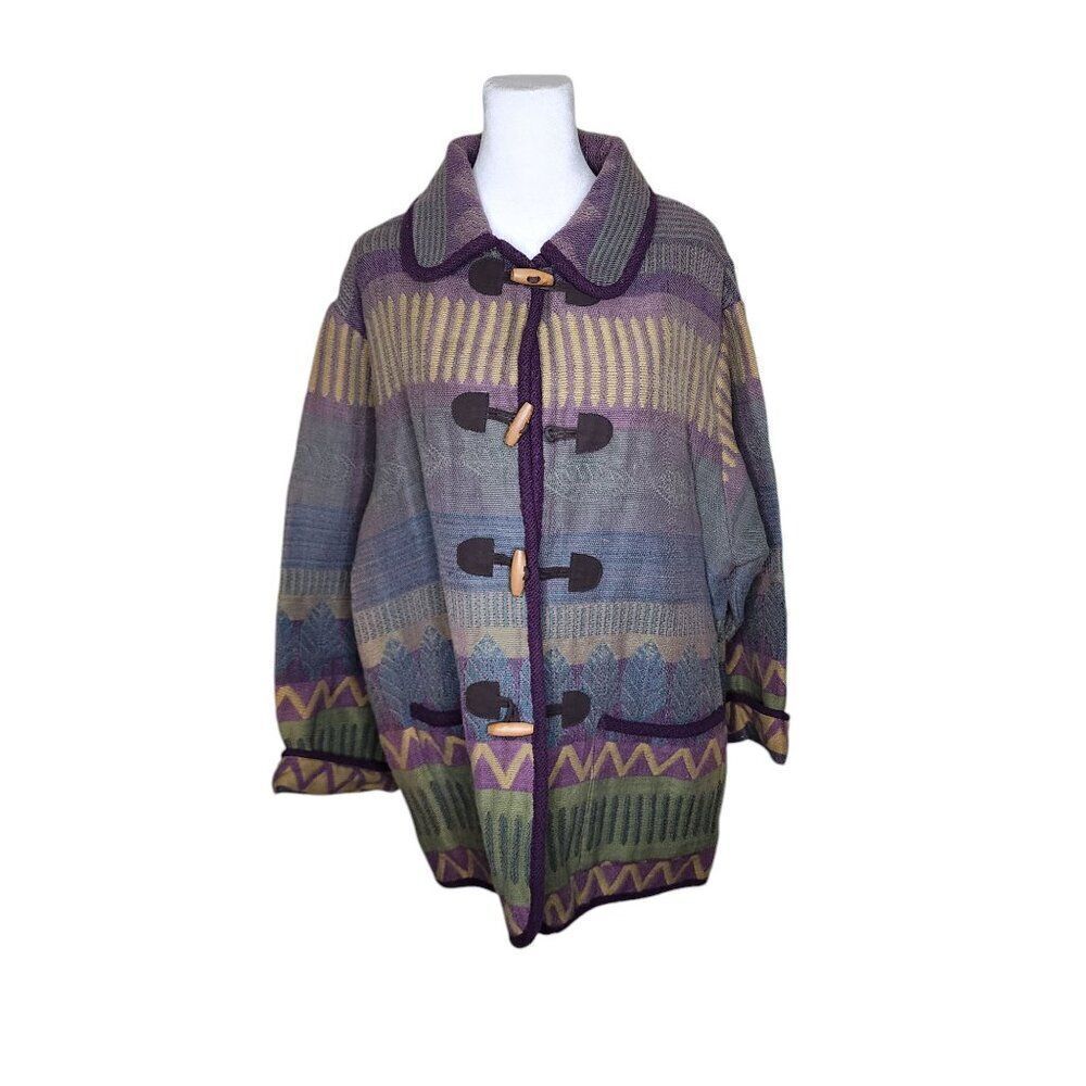 Vintage 90s Southwestern Coat Toggle Womens Size L Green Purple
